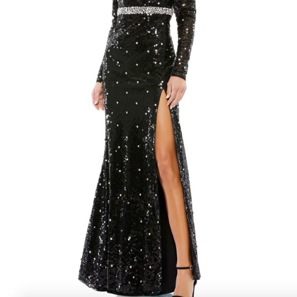 MAC DUGGAL 10736 SEQUINED FAUX WRAP PUFF SLEEVE TRUMPET BLACK GOWN sz 14 - Picture 7 of 8